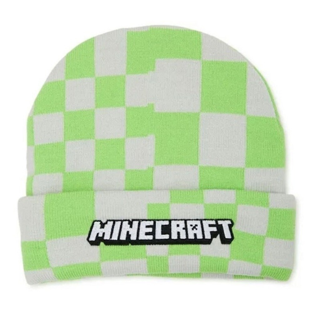 Minecraft Embroidered Green White Crazy Checkered Cuffed Beanie Cap Hat NWT